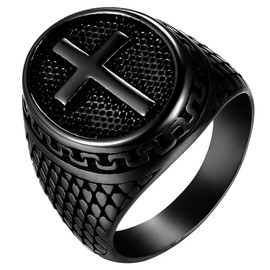 JewelryWe Vintage Cross Rings Stainless Steel Christian Cross Religious Rings for Men,Black(US Size 12)