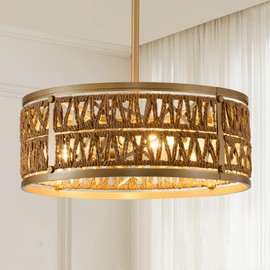 Bsyormak 3 Light Rattan Chandelier, Farmhouse Chandeliers for Dining Room, Rustic Boho Hanging Light with Drum Shade, Adjustable Gold Woven Pendant Light for Kitchen Island Living Room Bedroom