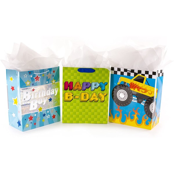 Hallmark 13" Large Birthday Gift Bag Bundle with Tissue Paper (Pack of 3: Monster Truck, Happy B-Day, Birthday Boy)