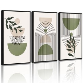 Drsoum Large 16x24in Green Botanical Boho Wall Art Framed Modern Sage Bohemian Wall Decor Abstract Geometry Lines Prints Ready to Hang Black Framed