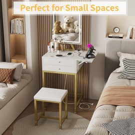 KAI-ROAD Small Makeup Vanity Desk with Lights - White Girls Vanity Set with Mirror and Chair, Make Up Dresser Table with Drawers and Power Outlet for Bedroom Small Space, Gold