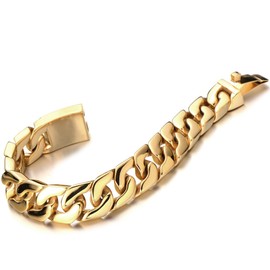COOLSTEELANDBEYOND Men's Golden Curb Chain Bracelet of Stainless Steel Polished