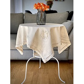 Secret Sea Collection Handmade Embroidered Small Size Tablecloth, Linen, Washable, Durable (36" x 36", Natural Linen) Ivory Beige