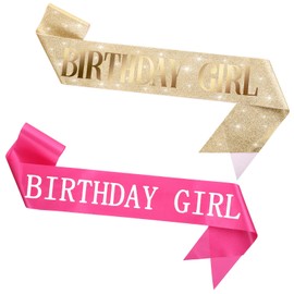 2 PCS Birthday Girl Sashes, Pink/Gold Happy Bday Queen Sash Glitter Birthday Sash Party Favors Accessories Supplies Decorations for Women Girls