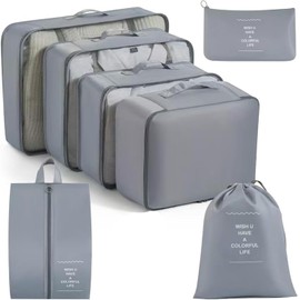Set de 7 Cubos de Embalaje para Maletas, Organizadores Expandibles para Equipaje, Bolsas de Almacenamiento Duraderas y Ligeras para Accesorios de Viaje, Esenciales de Viaje para Mujer y Hombre (Gris)