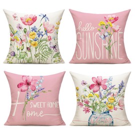 WOKANI Spring Outdoor Throw Pillow Covers 16x16 Set of 4 Garden Flowers Farmhouse Patio Decorative Cushion Covers Home Decor Couch for Sofa Bedroom Livingroom, Pink