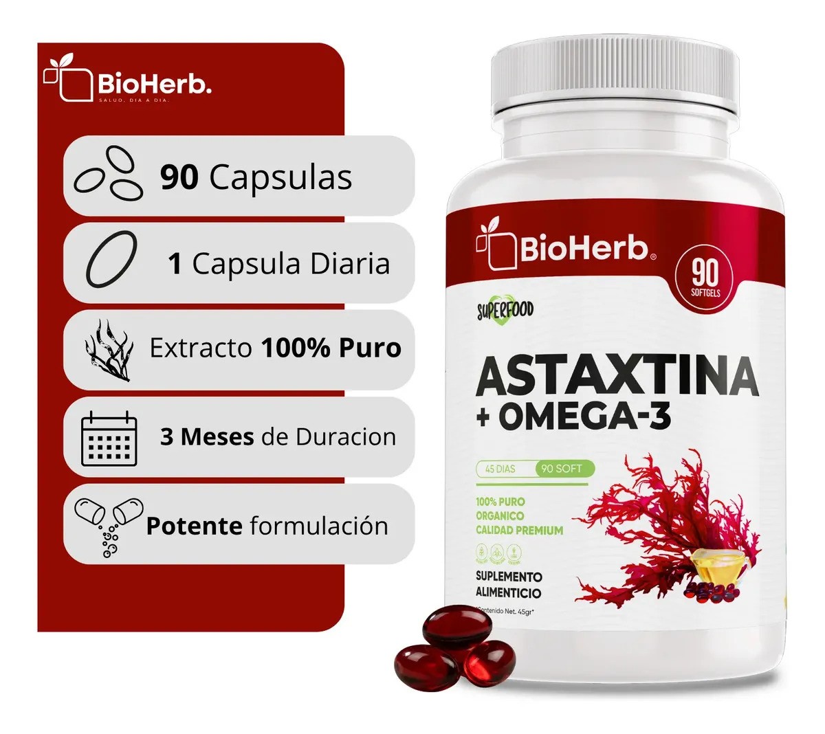 BioHerb  Astaxantina 12mg  Omega 3 EPA y DHA  Fórmula Premium de Alta Concentración  90 Cápsulas de 1000 mg  Ácidos Grasos Naturales  Suplemento