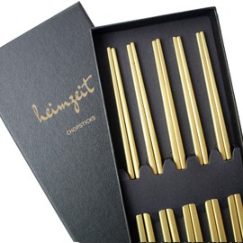heimzeit Chopsticks Made of High Quality Stainless Steel in Gold, 5 Pairs Chopsticks in Stylish Design, Chopsticks Dishwasher Safe and Reusable