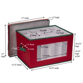 Household Essentials 540RED Holiday China Storage Chest with Lid and Handles, Cocktail Glasses and Red Canvas with Green Trim