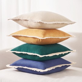 MONDAY MOOSE Decorative Throw Pillow Covers, Set of 4 Soft Velvet Modern Fringe Tassel Designs, Mix and Match for Home Decor, Pillow Inserts Not Included (18x18 inch, Yellow/Teal Green)