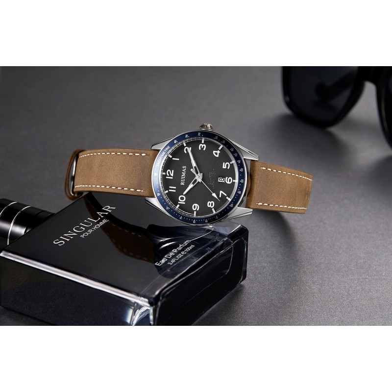RUIMAS Men's Watch Fashion Japanese Quartz Watch Leather Band Black