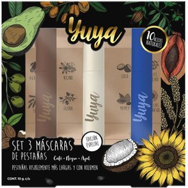 Yuya - Rimel - Mascara de pestañas - 10 aceites naturales - 10g c/u (Negra, Café, Azul, Pack Mascara 3 pzs)