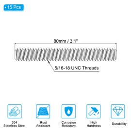 PATIKIL 5/16"-18 UNC 304 Stainless Steel Threaded Rod, Pack of 15, 80 mm Length, Long Thread Screw, Threaded Rods, Threaded Rods, Threaded Rods for Anchoring Screw, Clamps, Hangers and U-Bolts