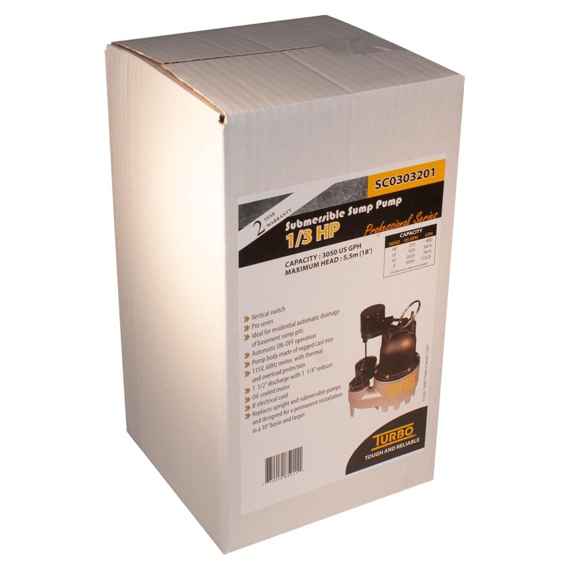 Turbo 1/3HP Cast Iron Submersible Sump Pump with Vertical Switch