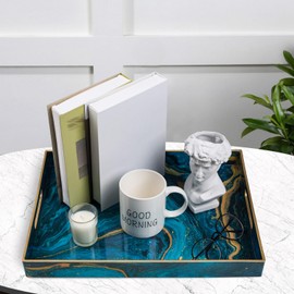 MAONAME Plastic Decorative Tray, Marbling Tray with Handles, Rectangular Coffee Table Trays, Blue Serving Trays for Ottoman, Bathroom, 15.7” x 11.8”