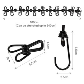 Hsyadazi Portable Washing Line, Elastic Adjustable Washing Line, Extendable, 180-360 cm, Washing Line with 12 Wire Clips for Travel, Holiday, Outdoor, Camping, Dorm