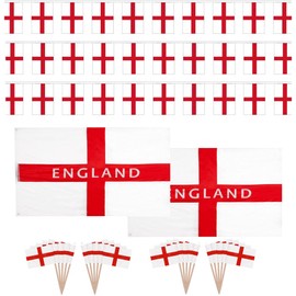St Georges 2 x England Text Printed Flags 5ft x 3ft + 2 x 10m Bunting & 50 Cocktail Sticks For Euro's 2024 England Football Party Decorations
