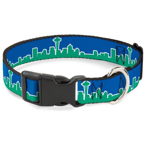 Buckle-Down Plastic Clip Collar - Seattle Skyline Blue/Green - 1.5" Wide - Fits 18-32" Neck - Large