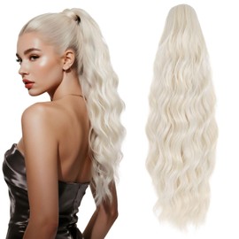 YUCCAHA Claw Clip Ponytail Extension for Women 18 Inch Wavy Curly Fake Ponytail Clip in Hair Pieces Shoulder Length Fluffy Natural Synthetic Hairpiece for Daily Use (Light Blonde)