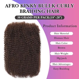 Afro Kinkys Bulk Human Hair for Dreadlocks Extensions Repair Locs, Twist Braiding Afro Kinky Human Hair for Locs Brown Color 22 inches for Micro Locs Extensions 1 Pack 30 Gram（4#/22inch/30g）