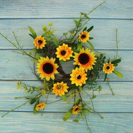 CVHOMEDECO. Rustic Country Artificial Sunflower and Twig Wreath, Year Round Full Green Wreath for Indoor or Outdoor Display, 9-Inch