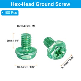 PATIKIL M4 x 6mm Thread Ground Screws, 100 Pack Green Electrical Grounding Screw Hex Phillips Head Flanged for Home Electrical Lamp