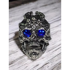 Yomo Crowned Skull Head Ring (Blue Stone Eyes) Adjustable Fit - Gothic Biker Punk USA