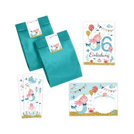 Minkocards 12 Invitation Cards for Sixth Children's Birthday Girl Mermaid Including 12 Envelopes, 12 Party Bags / Petrol Blue, 12 Stickers and 12 Bookmarks Invitation Set