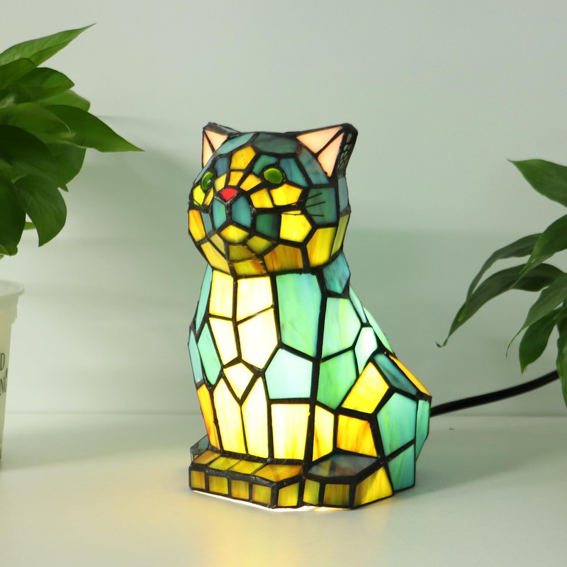 SYLW Tiffany Cat Lamp Blue and Green Stained Glass Animal