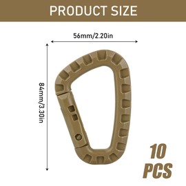 MisFun Pack of 10 Carabiners, D Shape Carabiner, Plastic Carabiner Clip, Tactical Carabiner for Camping, Hiking, Fishing, Gym, Backpack, Outdoor Use (Khaki)
