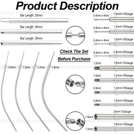BodyAce Stainless Steel Piercing Taper, 14G 16G 18G 20G Threadless Assistant Tool Screw On Insertion Pin, Curved Piercing Stretching Kit for Ear/Nose/Belly/Lip/Eyebrow [16G(1.2mm) Mix]