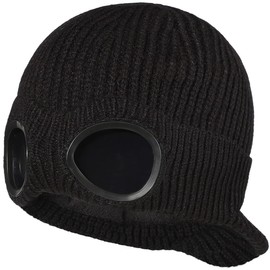 Yixda Unisex Goggles Winter Hats Peaked Ski Hat Warm Thick Fleece Lined Knit Beanie Cap (Black)