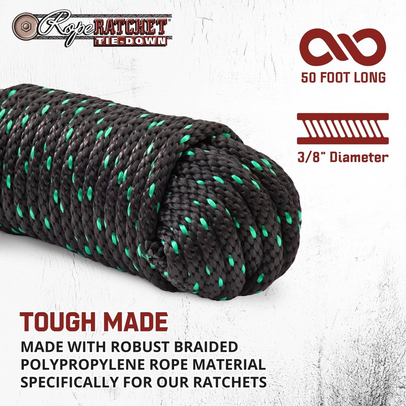 Rope Ratchet 1/2" 50 ft Solid Braided Polypropylene Rope, Heavy