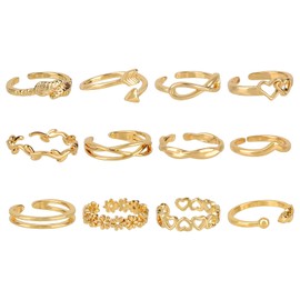 Mikovivi 12pcs Gold Toe Ring Set, 12 Styles Adjustable Open Toe Ring Elegant Summer Beach Foot Jewelry for Women Beach Party Summer Camp Gift