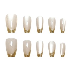 RUOKEXIN Medium Press on Nails Gold French Tip Fake Nails Cat Eye False Nails with Designs Coffin Glue on Nails Press ons Sparkly Artificial Nails Cute Stick on Nails for Women 24Pcs