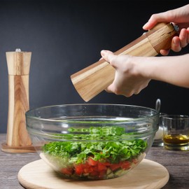 Relaxdays Salt and Pepper Mill, Set of 2, Manual, Coaster, Ceramic Grinder, Mills, Acacia Wood & Stainless Steel, Brown