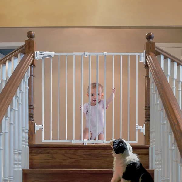 Babelio 26-43" No Bottom Bar Baby Gate for Babies, Elders and Pets, 2-in-1 Auto Close Dog Gate for The House, Stairs and Doorways, Safety Pet Gates with Large Walk Thru Door, White