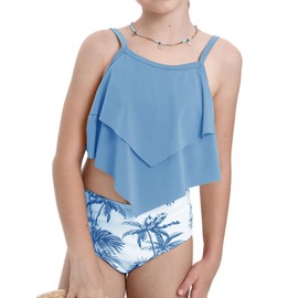 Girls Tankini Swimsuits Two Piece Bathing Suit Ruffle Swimwear Set for Girls Lake Blue