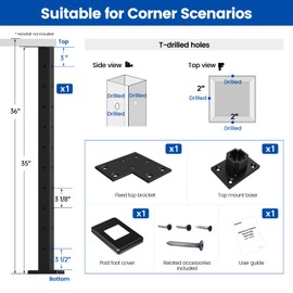 Muzata Aluminum Black Corner Cable Railing Post 36 Inch 36"X2"x2" T-drilled One-Post Corner Solution Surface Mount Cable Railing System Kit Indoor Outdoor Seaside with User Guide PD02 B3AS