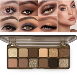 12-Color Eyeshadow Palette, Matte & Shimmer Pressed Shadows for Bold Nude Eye Looks, Highly-Pigmented, Long-Lasting Powder for Exaggerated Brown Eye