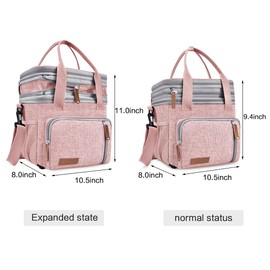 Adult Insulated Lunch Box for Work, Expandable Large Pink Lunch Bags for Women Men, Leakproof Double Deck Lunch Box Cooler Tote Bag with Removable Shoulder Strap（Pink）