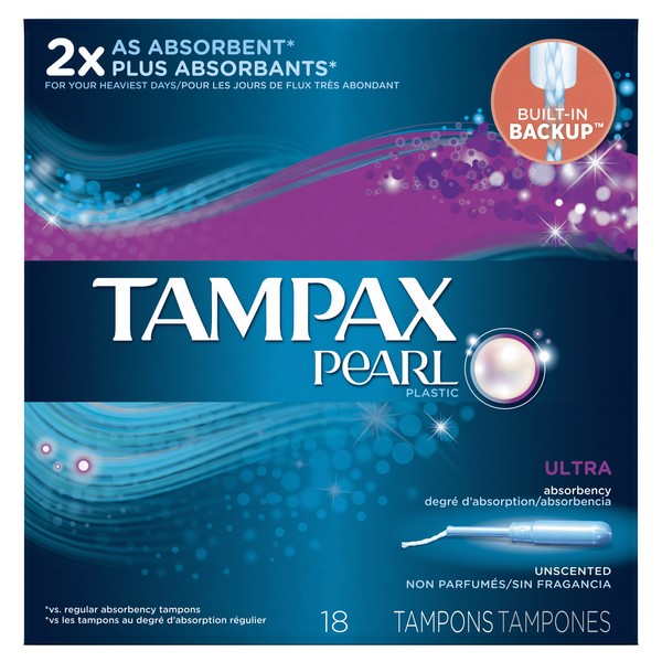Tampax Pearl Plastic Unscented Tampons, Ultra Absorbency, 18-Count (Pack of 12)