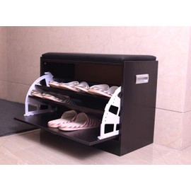 Basicwise QI003384 Black Wooden Fold Organizer-Shoe Storage Bench with Leather Cushion