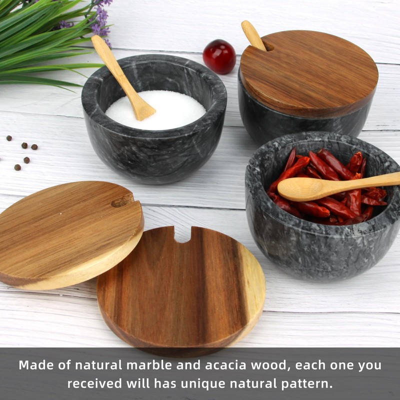 Marble Salt Cellar Box with Wood Lid & Spoon, Modern