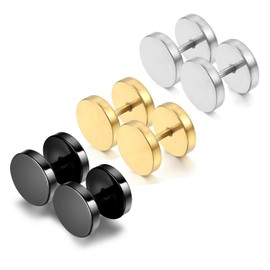 Cupimatch 3Pairs 3mm-12mm Screw Stud Earrings Mens Stainless Steel Cheater Fake Ear Plugs Gauges Illusion Tunnel, Black/Silver/Gold for Fathers Day