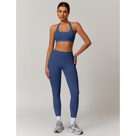 ABOCIW Workout Sets for Women Seamless High Waist Scrunch Butt Lifting Gym Leggings Yoga Pants Halter Sports Bra Yoga Exercise 2 Piece Outfits Dark Sapphire Blue X-Small