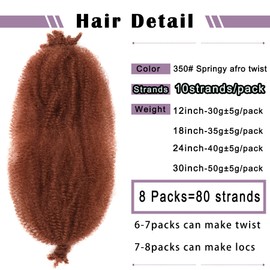 Springy Afro Twist Hair 8 Packs Marley Twist Braiding Hair 18 inch Pre Separated Spring Twist Hair for Faux Locs Crochet Hair Kinky Twist for Braiding Synthetic Hair Extensions for Black Women（350#）