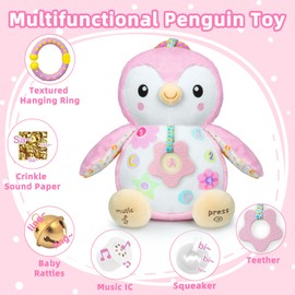 Fuzqq Penguin Baby Toys 0-6-12 Months,Stuffed Animal Plush Toy,Textured Hanging Ring,Rattles & Crinkle Sound Paper,Tummy Time Toys for Newborns Toys for 0-6-12 Months Boy/Girls