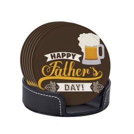 Famame Happy Fathers Day Beer Leather Coasters for Drinks with Holder Coaster Sets 6 Pcs Drink Table Cup Coasters for Living Room Kitchen Coffee Decor