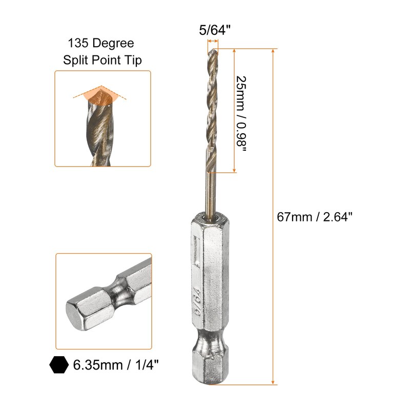 sourcing map 10pcs 1/4" Hex Shank Drill Bit 5/64" Gold